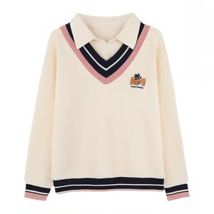 
[Informal College] a02 College Style Fake Two-Piece Sweater for Women 2025 Shirt Collar Age Reducing Pullover Sweater