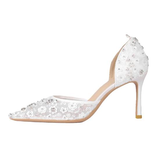 Su.cheny Pizzo Bianco Perle Basse Tacchi Alti Sposa Matrimonio Pompe - Foto 8