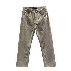 
Men's textured dark khaki retro jeans, stretch mid-straight, loose fit, American light mature style versatile trousers