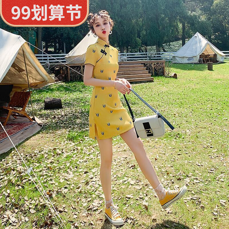 Cheongsam, lightweight short yellow dress, skirt, 2022 collection, suitable for teen, light style