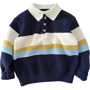 Children's pullover sweater ~ 2025 new boys' button-down shirt collar striped sweater in big children's college style