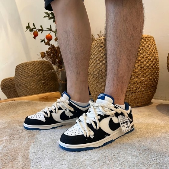 球鞋定制 Nike Dunk Low 麻绳解构 黑白蓝 户外穿搭男款低帮板鞋