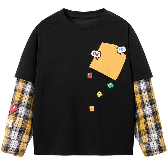 
MINIPEACE Peacebird children's clothing boys' spring clothing children's long-sleeved T-shirts fake two-piece plaid cartoon tops fashionable