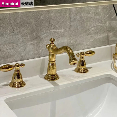 taobao agent European -style light luxury golden three -hole faucet bathroom counter under the basin of the potted cold and cold water split 3 -hole double head