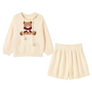 
Fabric Pig Bear Soufflé Sweet Lazy Style Hooded Sweater Women's Early Spring Apricot Color Knitted Sweater Long Sleeve Top