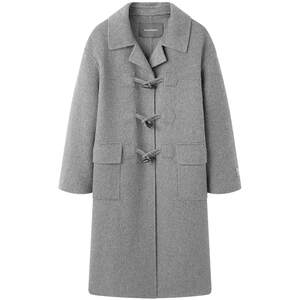 Peacebird Master Zhenmao series full wool grey horn button double-sided wool coat for women's winter long jacket