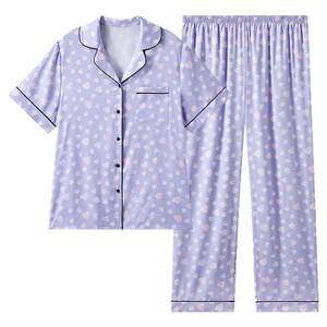 
Lan Zhuoli printed home clothes for women top and bottom set short-sleeved trousers soft snow silk pajamas for outdoor wear summer style