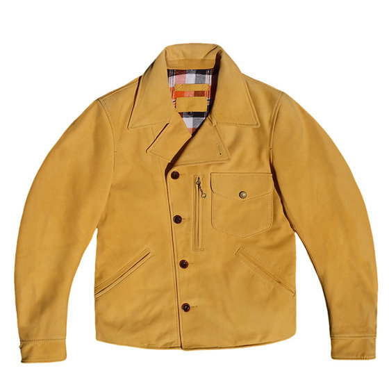 
Only 10 pieces! Bright yellow unpictured light frosted goatskin genuine leather jacket for men California Bear style lapel motorcycle