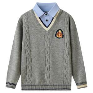 
Hongdou children's 100% sheep sweater fake two-piece boys and girls autumn and winter sweater pullover sweater shirt collar M