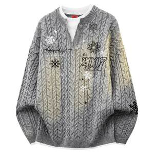 
Charles Peach Heart Fake Two-piece V-neck Sweater Men's Winter Contrast Color Splicing Snowflake Print Couple Sweater Top