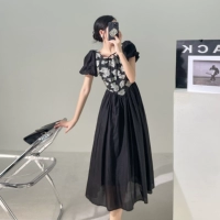 Черный корсет, летнее платье, французский стиль, цветочный принт, коллекция 2022