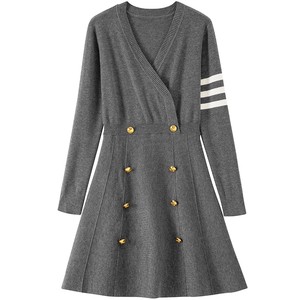 
BANANA CICI 2025 winter college style A-line double-breasted waist V-neck long-sleeved dress