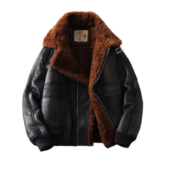 Fur integrated men's winter large size plus velvet thickened leather jacket short motorcycle suit leather jacket men's lamb fur jacket