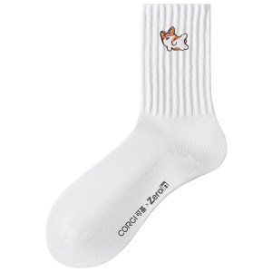Zoyin socks men's summer 10A antibacterial mid-calf socks pure cotton yarn white sports mid-length socks Corgi gift box