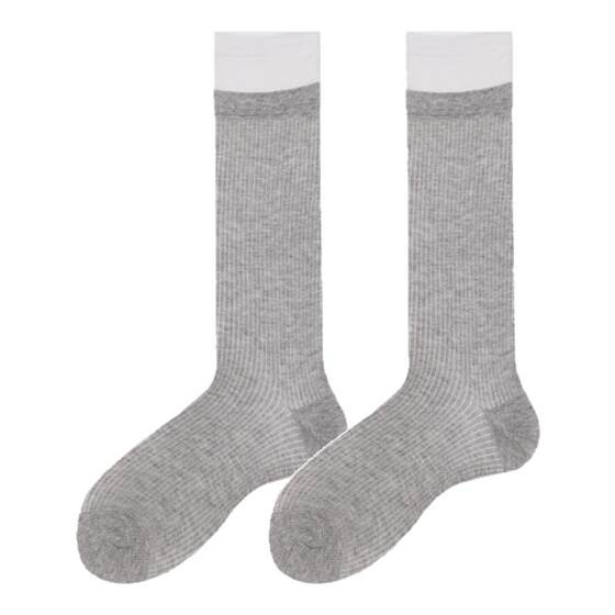 Socks for women in summer, thin mid-calf socks, gray striped pile socks, gray and white stitching, contrasting color long socks, calf socks design