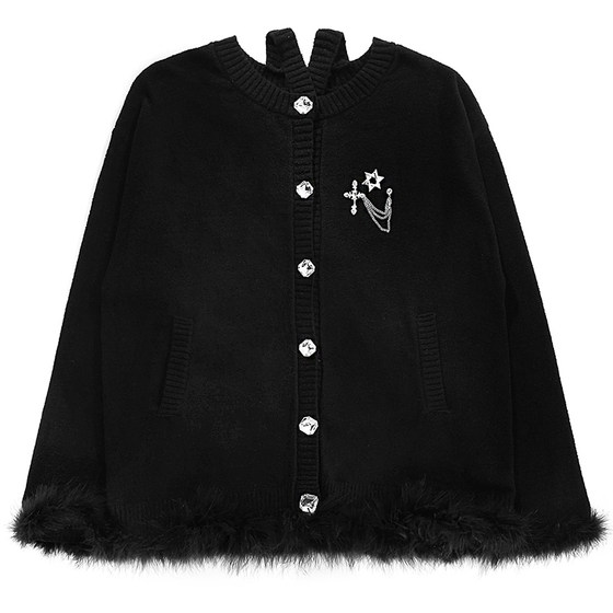 Xiaoyu Original Design BlingBling Gentle and Pure Creamy Black Cross Feather Gathering sweater jacket
