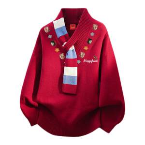 
Charles Heart Kitten Printed Scarf Collar Red Wool Clothes for Men and Women Winter New Loose Couple Sweater