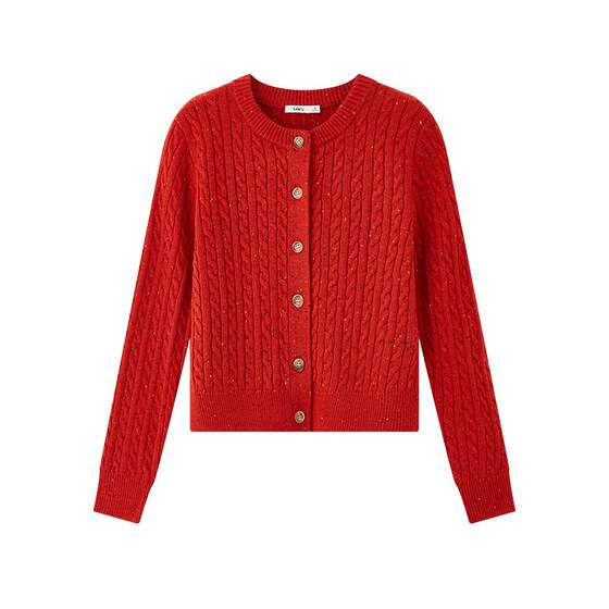 
Sanfu Red Cardigan 2026 New Spring Color Dot Yarn Round Neck Loose Shawl Sweater Top Women's 516026