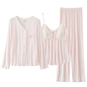 RoseTree Modal pajamas three -piece set of spring and autumn women's long -sleeved sexy pure desire home clothing set with chest pads

