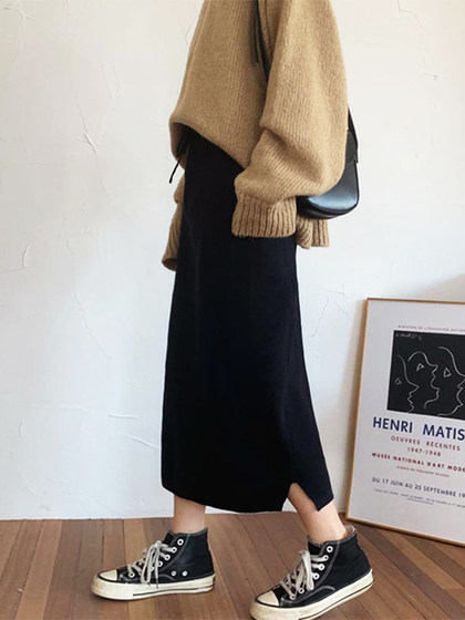 针织半身裙女秋冬开叉显瘦大码胖妹妹胯宽梨形身材一步包臀中长裙