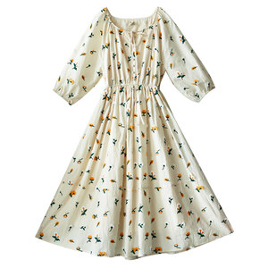 [Wu Menghua] Circles embroidered high -waisted dress long skirt Female spring new seven -point sleeve pure cotton floral skirt
