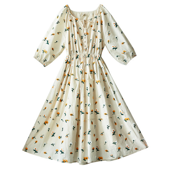 [Wu Menghua] Circles embroidered high -waisted dress long skirt Female spring new seven -point sleeve pure cotton floral skirt
