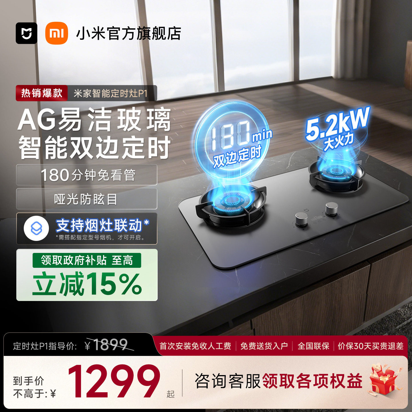 小米米家双边定时燃气灶双灶家用煤气灶猛火炉台嵌两用天然气灶P1