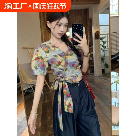 法式复古油画碎花短袖衬衫女夏季绝美小衫显瘦正肩绑带上衣泡泡袖