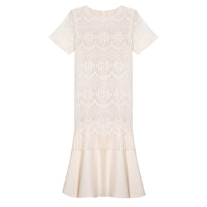
Qiyuanjia plus size women's dark flower tassel splicing lace short-sleeved dress 2026 summer loose fishtail mid-length skirt