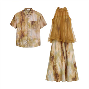 
New Chinese style couple's clothing, summer niche design short-sleeved shirt, women's high-end dress, French style one skirt and one coat