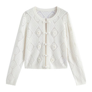 
Stubborn Spring New New Chinese Style Round Neck Three-dimensional Flower Long Sleeve Knitted Sweater Cardigan Short Jacket for Women