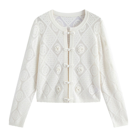 
Stubborn Spring New New Chinese Style Round Neck Three-dimensional Flower Long Sleeve Knitted Sweater Cardigan Short Jacket for Women