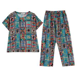 Summer new mother cotton and silk pajamas female thin middle -aged and old silk home service artificial cotton short -sleeved large size set
