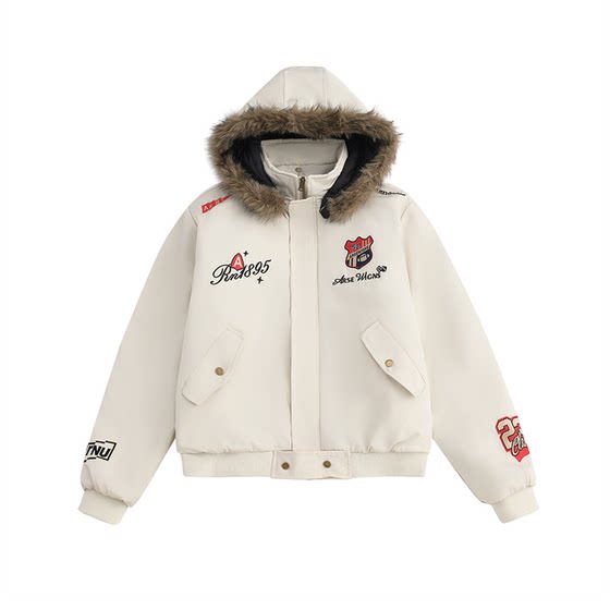 
American style embroidered badge cotton coat winter trendy brand detachable hooded cotton coat thickened couple cotton coat for men