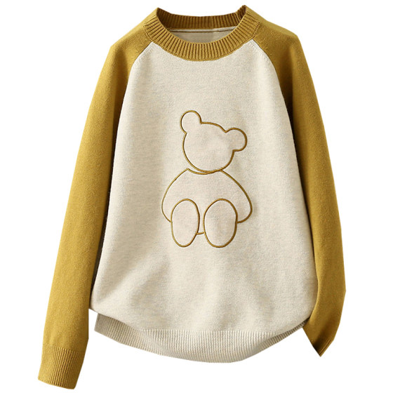 Autumn and winter size 200*0.5kg round neck embroidered sweater top female age reduction shoulder sleeve sweater bottoming shirt
