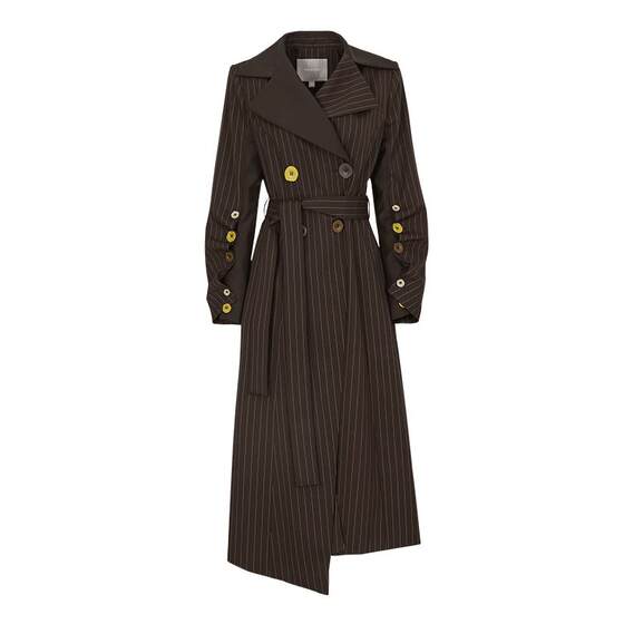 
MEDECOO/MEDECOO spring new large lapel striped double-breasted long windbreaker for women MHC32105