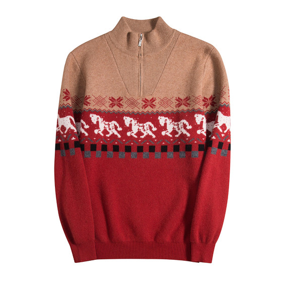 
2025 Year of the Horse Christmas Cashmere Sweater Men's Half Turtle Collar Zipper Sweater Thickened Contrast Color Jacquard Youth Sweater Men