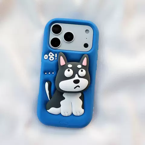 Husky Blue 3D Cartoon Dog Silicone Kickstand iPhone Case – Shockproof Tough Cover For iPhone 17, iPhone 16, iPhone 15, iPhone 14, iPhone 13 Pro/Plus/Max/Air