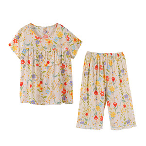 2026 new anti-bump cotton silk pajamas for women summer ultra-thin short-sleeved mid-pants cotton silk suit large size home clothes