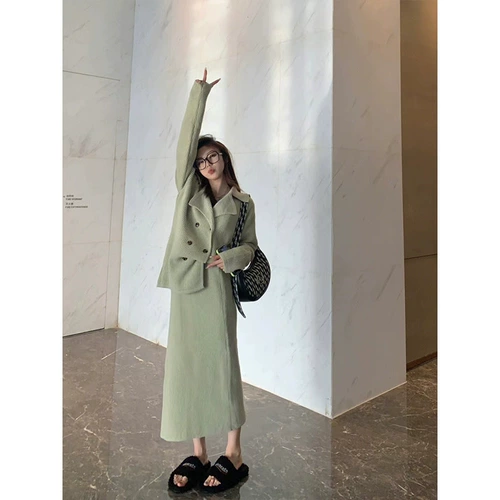 Демисезонный трикотажный свитер, кардиган, куртка, юбка в складку, длинная юбка, комплект, изысканный стиль