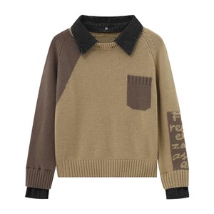 
Basic House/Baijiahao sheep wool lapel sweater women's autumn and winter new casual fake two-piece pullover top