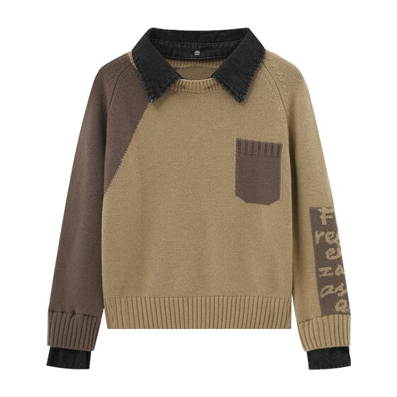 
Basic House/Baijiahao sheep wool lapel sweater women's autumn and winter new casual fake two-piece pullover top