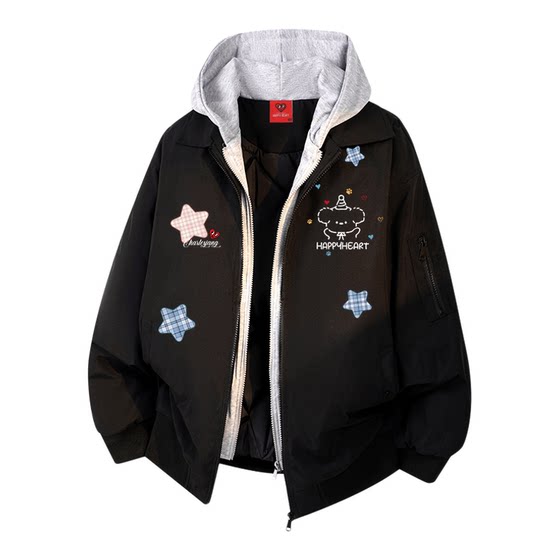 
Charles Heart American Fake Two-piece Cotton Jacket Men's Winter Hooded Star Print Thickened Warm Couple Jacket
