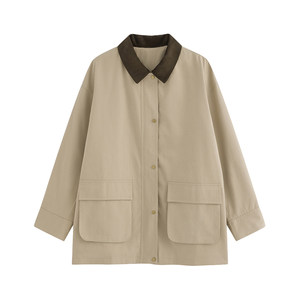 
CCKOK corduroy lapel check sleeve windbreaker jacket 2025 autumn new retro loose mid-length jacket for women