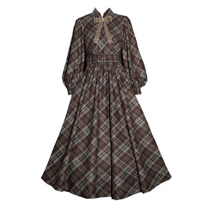 Miai original <Old Dream of the Manor> French retro thickened brushed plaid high-waisted lantern sleeves and wide skirt dress