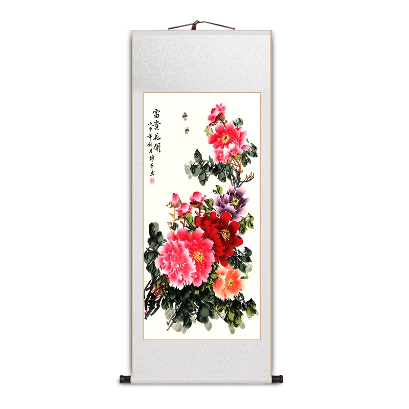 牡丹花卷轴挂画花开富贵客厅装饰画中国风花鸟牡丹图书房茶室壁画-Taobao
