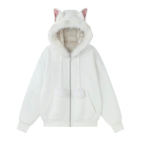 
BJHG reckless cat ears plus velvet hooded sweatshirt jacket for men and women winter cotton casual couple jacket