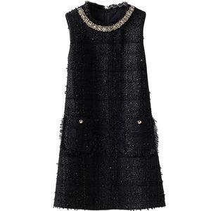 
Xiaoxiangfeng Woolen Tank Top Beaded Round Neck Tweed A-Line Slim Dress 2025 Winter New Women's Clothing