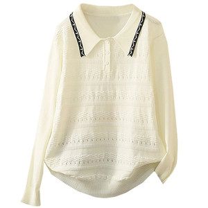 
Spring and Autumn large size 200*0.5kg lapel hollow sweater fat sister loose polo collar thin sweater bottom shirt top