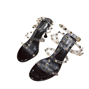 
2025 summer new one-strip sexy fashion sandals rivets for women crystal French high heels slim heels transparent